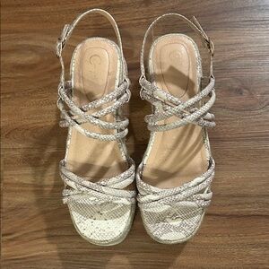 Elegant Snakeskin Cream and Grey Strappy Sandals